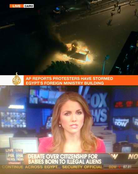  When Mubarak’s ruling party headquarters was torched and set on fire, Al Jazeera maintained a live feed, while mainstream news in America remained glaringly silent.