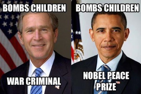 "Bombs children: War Criminal. Bombs children: Nobe Peace Prize."