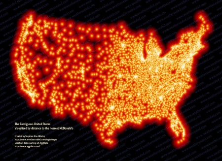 Artist and scientist Stephen Von Worley created. "The Contiguous United States Visualized by distance to nearest McDonald's," using data from AggData: http://www.huffingtonpost.com/2011/11/09/map-every-mcdonalds-us_n_1084045.html. (click here, or on artwork, to enlarge)