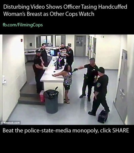 Disturbing video shows officer tasing handcuffed woman's breast as other cops watch. Beat the police-state-media monopoly. Click share. (graphic by "Filming Cops")