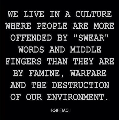 "We live in a culture where people are more offended by 'swear' words and middle fingers than they are by famine, warfare and the destruction of our environment."