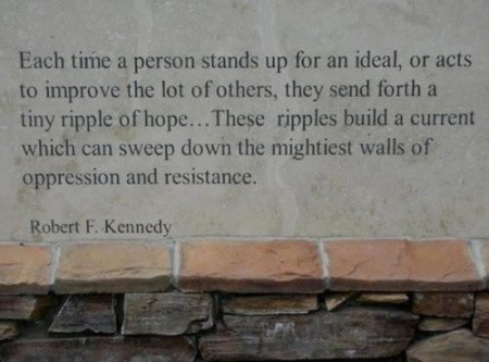 "Each time a person stands up for an ideal, or acts to improve the lot of others, they send forth a tiny ripple of hope... These ripples build a current which can sweep down the mightiest walls of oppression and resistance." - Robert F. Kennedy