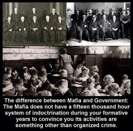"The difference between the Mafia and Government: The Mafia does not have a fifteen thousand hour system of indoctrination during your formative years to convince you its activities are something other than organized crime."