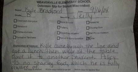 Detention slip Kyle Bradfod received for "misconduct" of sharing his lunch with another student who was hungry