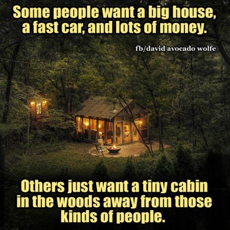 "Some people want a big house, a fast car, and lots of money. Others just want a tiny cabin in the woods away from those kinds of people."