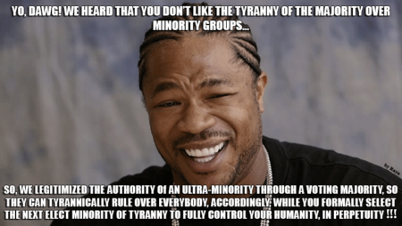 “Yo, Dawg! We heard that you don’t like the tyranny of the majority over minority groups… So, we legitimized the authority of an ultra-minority through a voting majority, so they can tyrannically rule over everybody, accordingly, while you formally select the next elect minority of tyranny to fully control your humanity, in perpetuity!” (Artwork by Rayn, and originally located here)