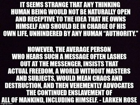 “It seems strange that any thinking human being would not be naturally open and receptive to the idea that he owns himself and should be in charge of his own life, unhindered by any human ‘authority.’ However, the average person who hears such a message often lashes out at the messenger, insists that actual freedom, a world without masters and subjects, would mean chaos and destruction, and then vehemently advocates the continued enslavement of all of mankind, including himself.” – Larken Rose (artwork originally located here, on the Facebook page, "Anarchy, Natural Law, Truth and Freedom.")