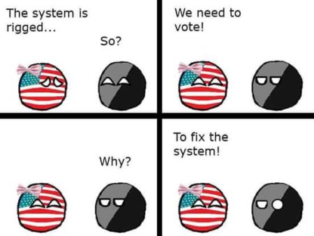 " 'The system is rigged...' 'So?' 'We need to vote!' 'Why?' 'To fix the system!' "