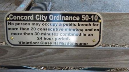 "Concord City Ordinance 50-10: No person may occupy a public bench for more than 20 consecutive minutes; and no more than 30 minutes combined for a 24 hour period. Violation: Class III Misdemeanor"