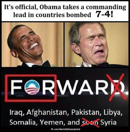 “It’s official, Obama takes a commanding lead in the countries bombed 7-4! [For]ward Iraq, Afghanistan, Pakistan, Libya, Somalia, Yemen, and soon Syria” (Artwork originally located here, upon the page, “Free Talk Live")