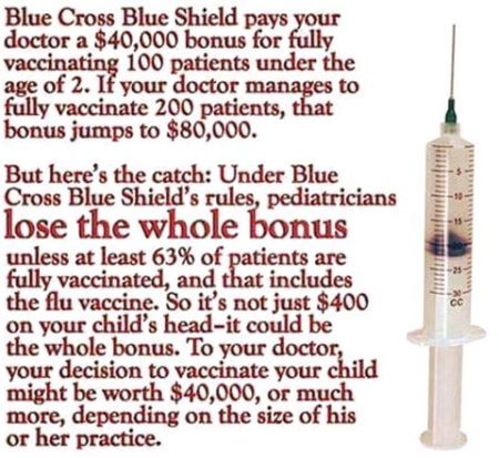 "Blue Cross Blue Shield pays your doctor a $40,000 bonus for fully vaccinating 100 patients under the age of two. If your doctor manages to fully vaccinate 200 patients, that bonus jumps to $80,000. But, here's the catch: Under Blue Cross Blue Shield's rules, pediatricians lose the whole bonus unless at least 63% of patients are fully vaccinated, and that includes the flu vaccine. So, it's not just $400 on your child's head - it could be the whole bonus. To your doctor, your decision to vaccinate your child might be worth $40,000, or much more, depending on the size of his or her practice."